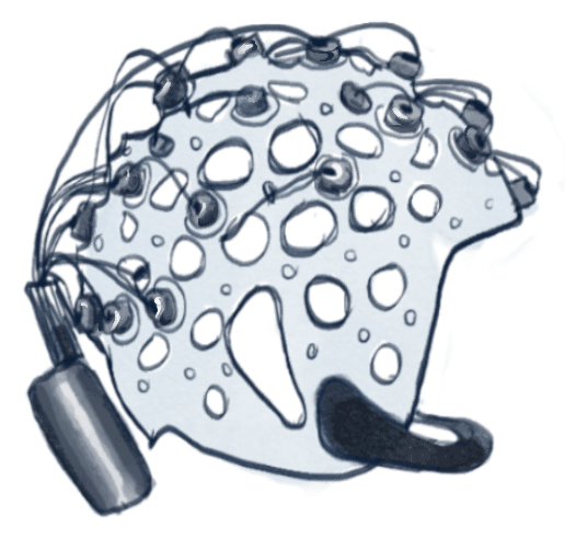 Watercolour illustration of an EEG electrode cap